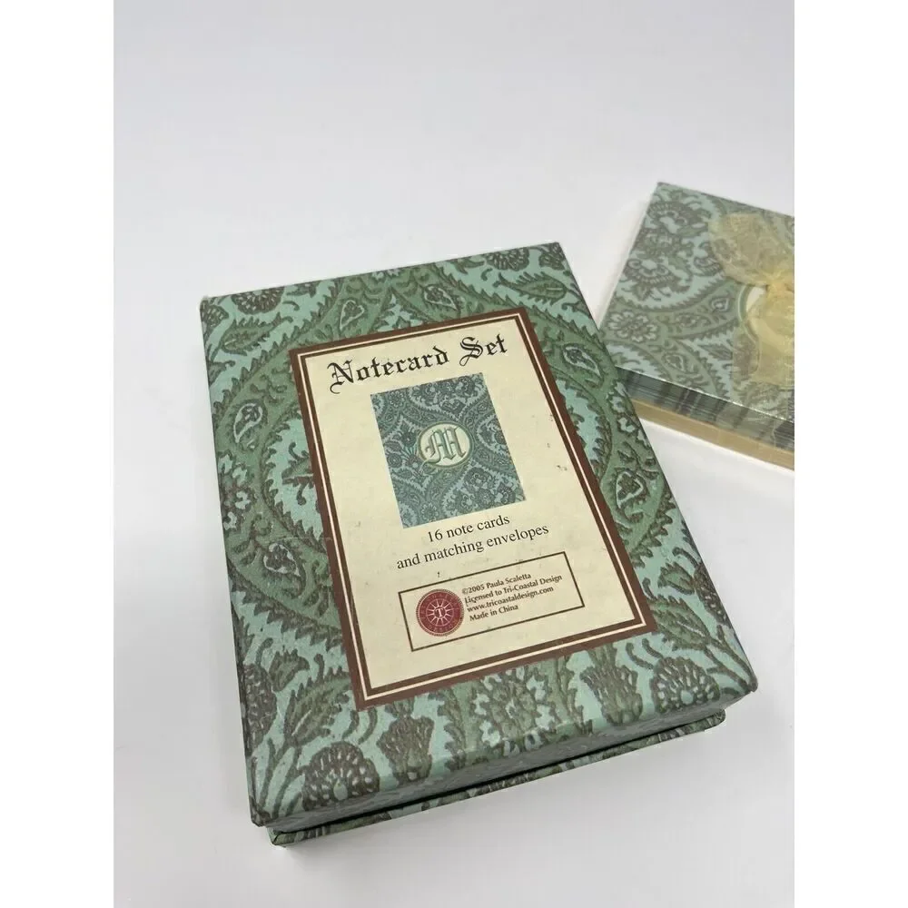 NEW Paula Scaletta Boxed Set Monogrammed Initial Notecards Letter M Blue Green